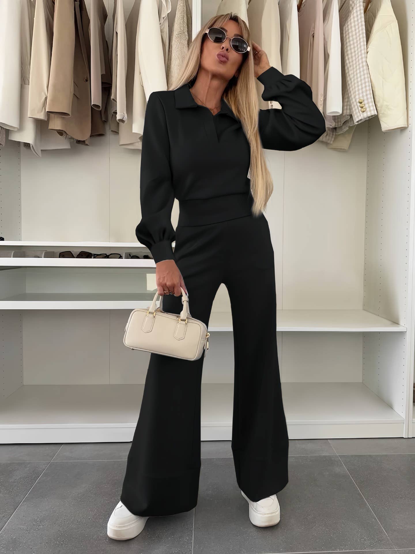 Lapel long-sleeved top elastic wide-leg pants set