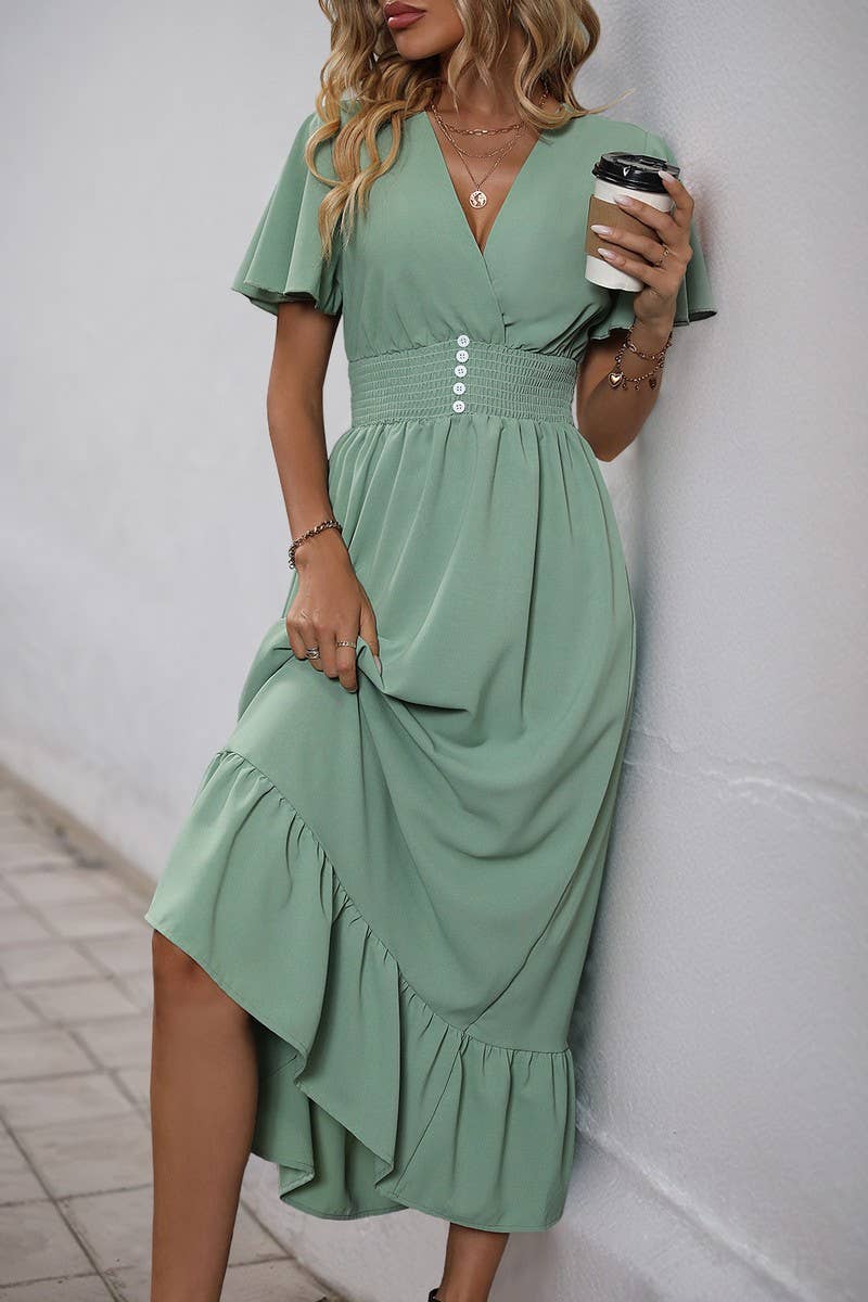 CWDMD4956_SUMMER LIGHT GREEN V-NECK RUFFLE HEM DRESS