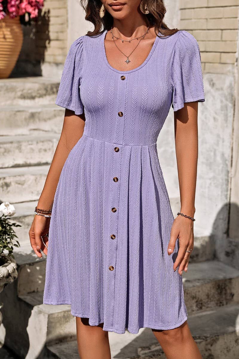 CWDSD6685_ROUND NECK BUTTON STRETCH SHORT SLEEVE DRESS