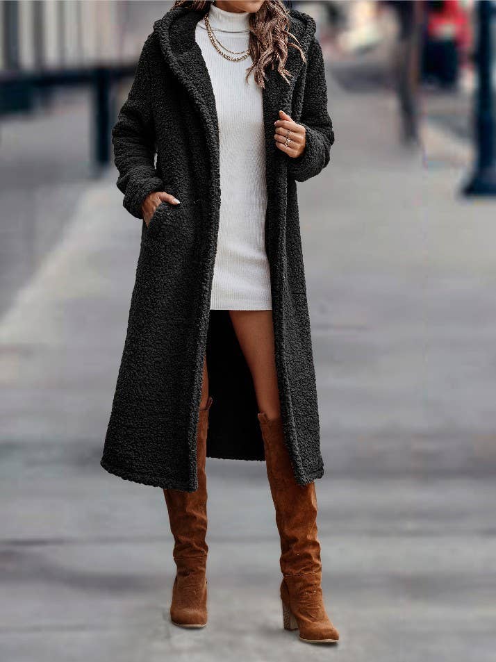 SOLID COLOR LONG-SLEEVED PLUSH HOODED JACKET