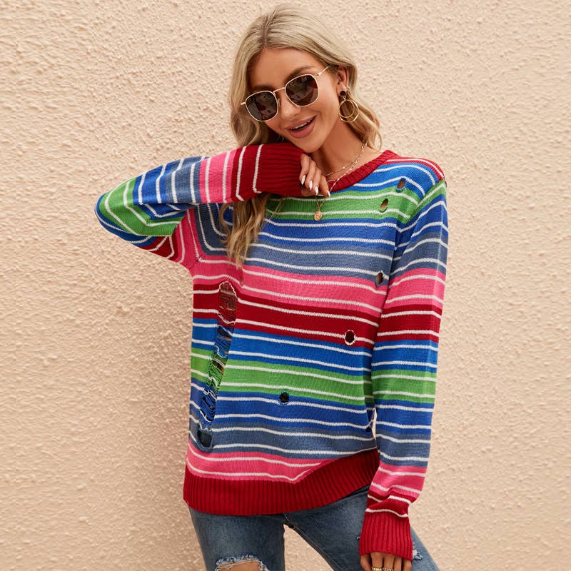 Striped color loose casual ripped sweater