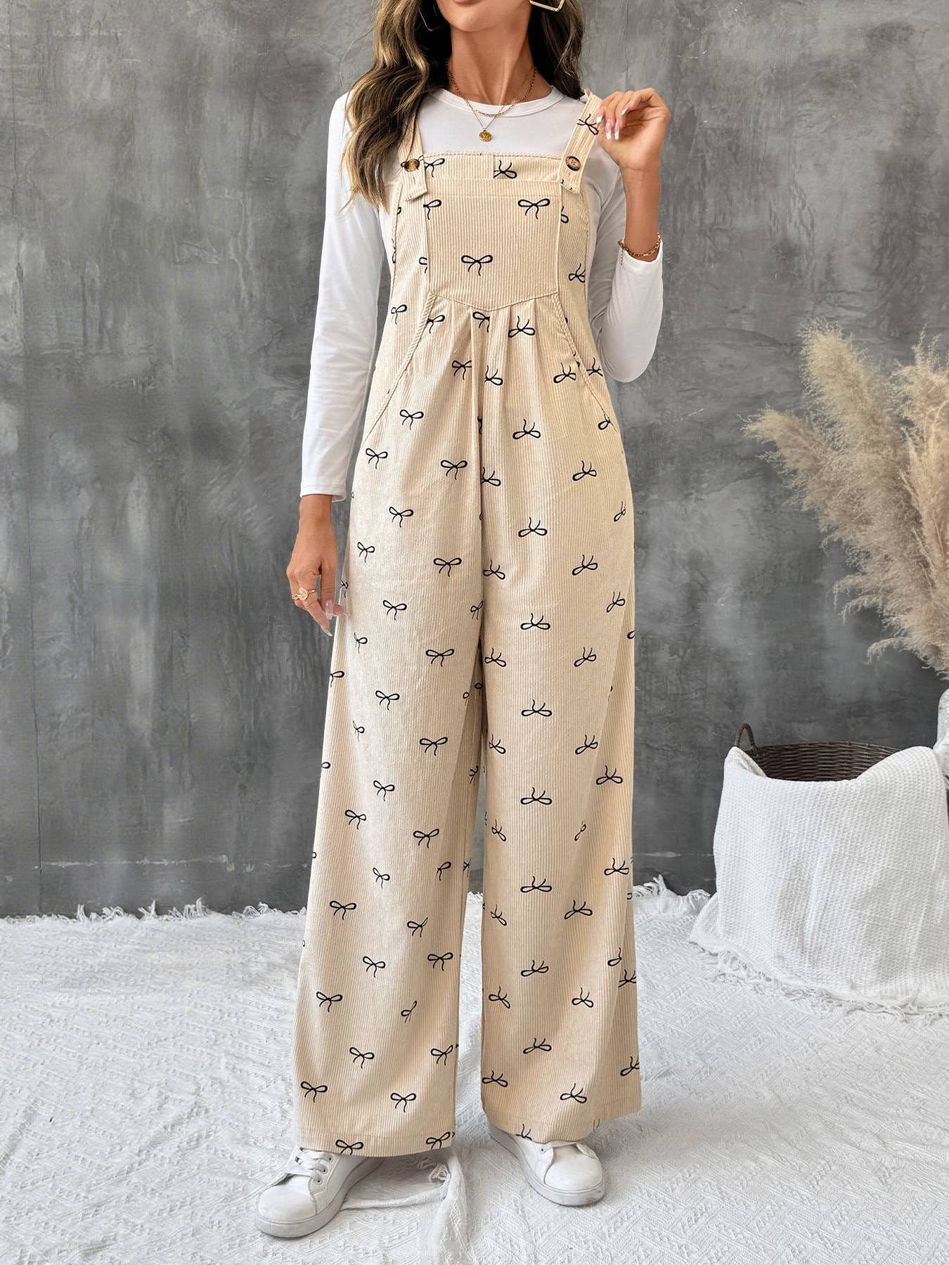 Bow-printed wide-leg one-piece overalls