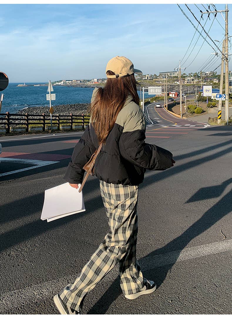 Short hooded,color-blocking,thick loose jacket