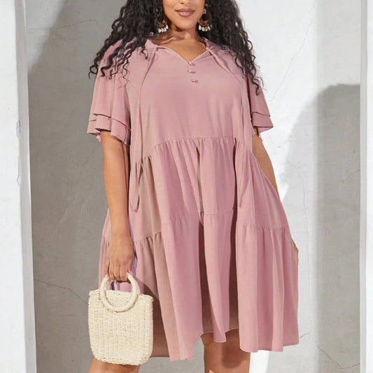LEISURE V-NECK DOLL PLEATED DRESS