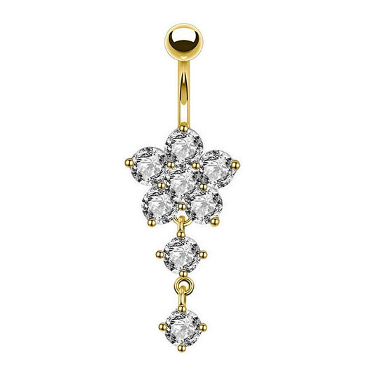 Zircon Flower Belly Ring with Stainless Pendant_CWMM9239