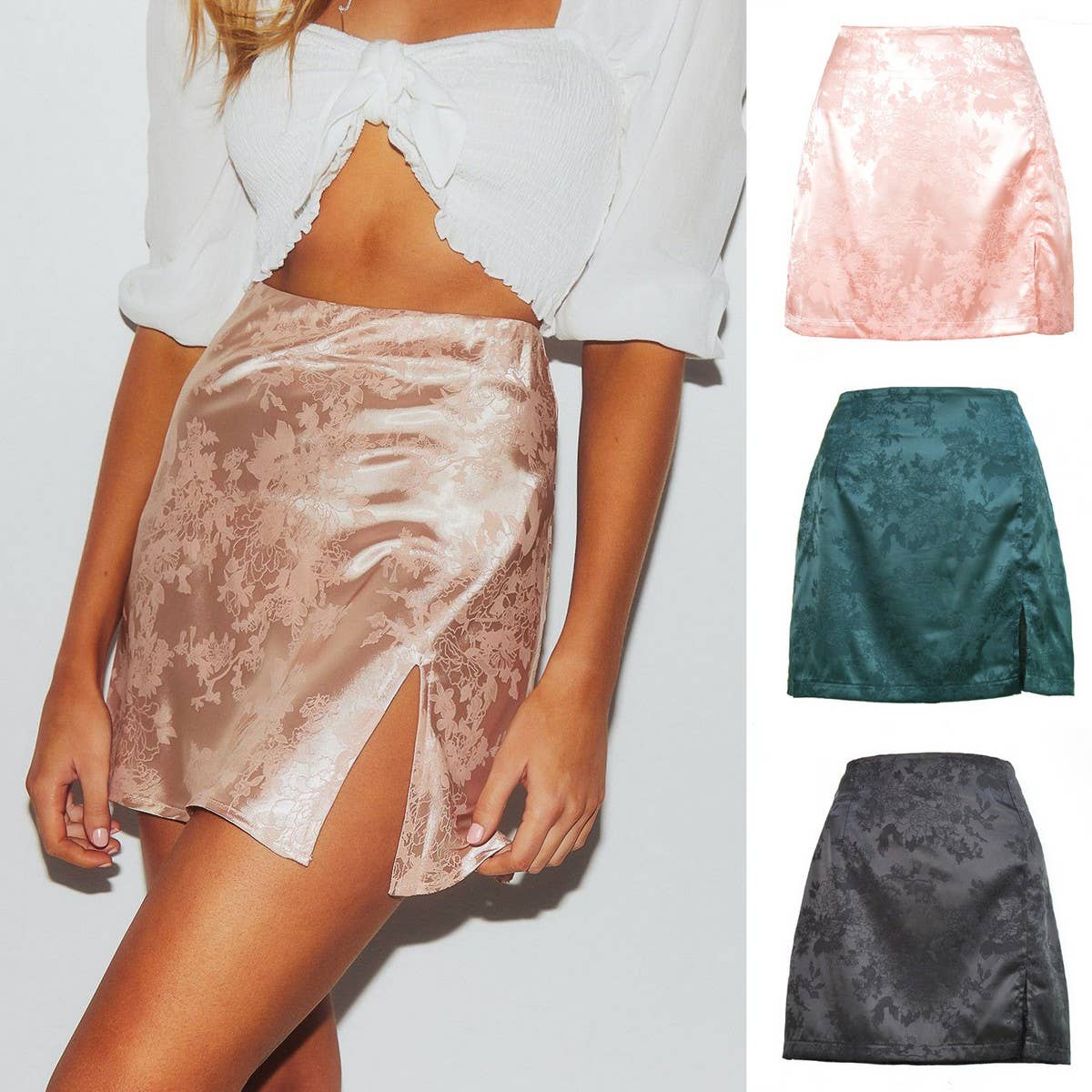SLIT SHORT SKIRT SEXY JACQUARD SATIN ZIPPER SKIRT_CWAB4805