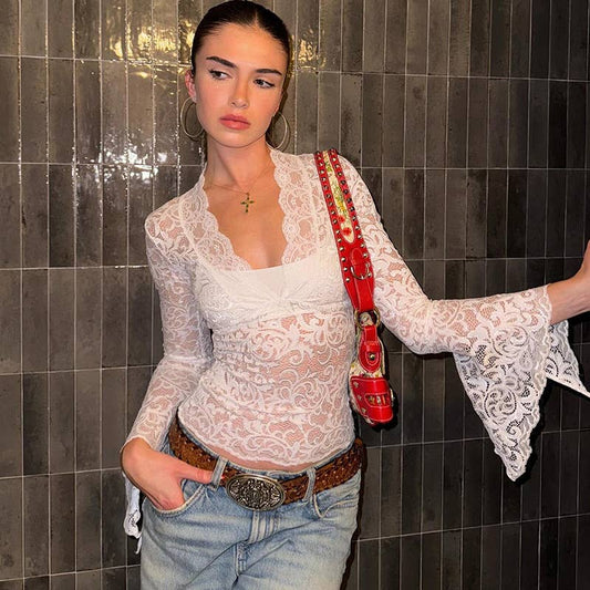 Sexy Deep V Lace Trim Slim Fit Crop Top