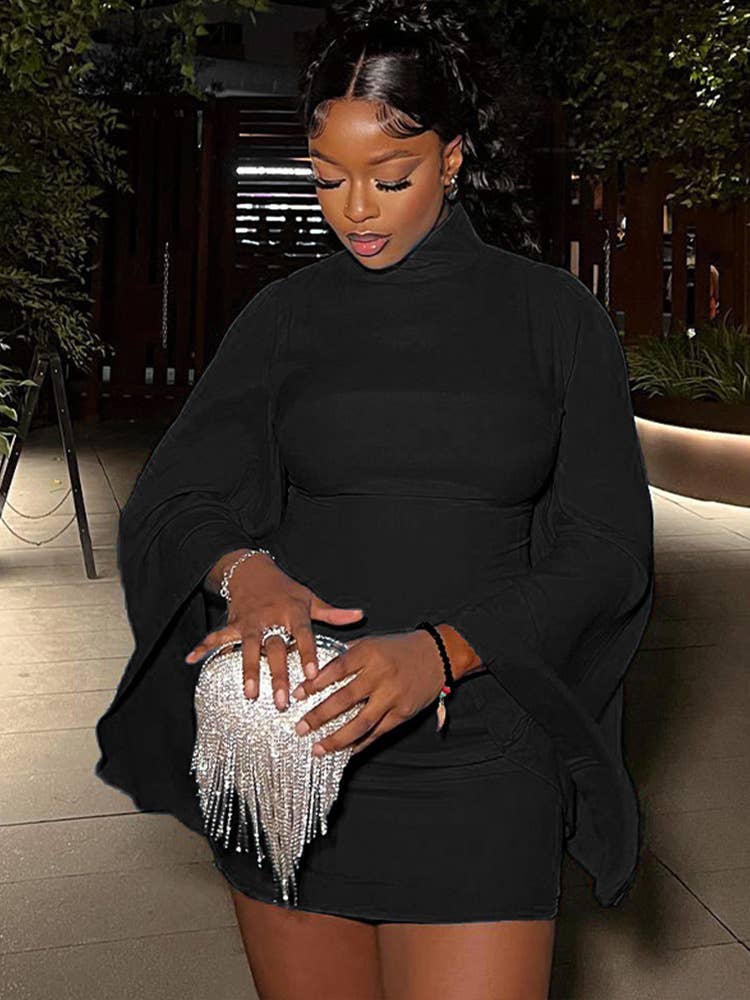 STYLISH TURTLENECK SOLID COLOR WRAP HIP DRESS