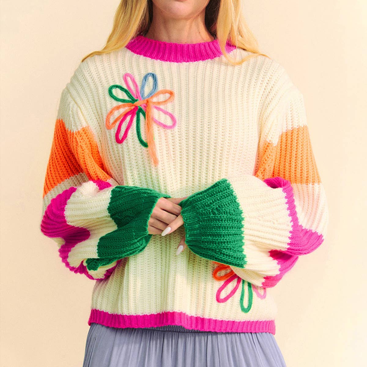 FASHION COLOR MATCHING CREW-NECK SWEATER LADY