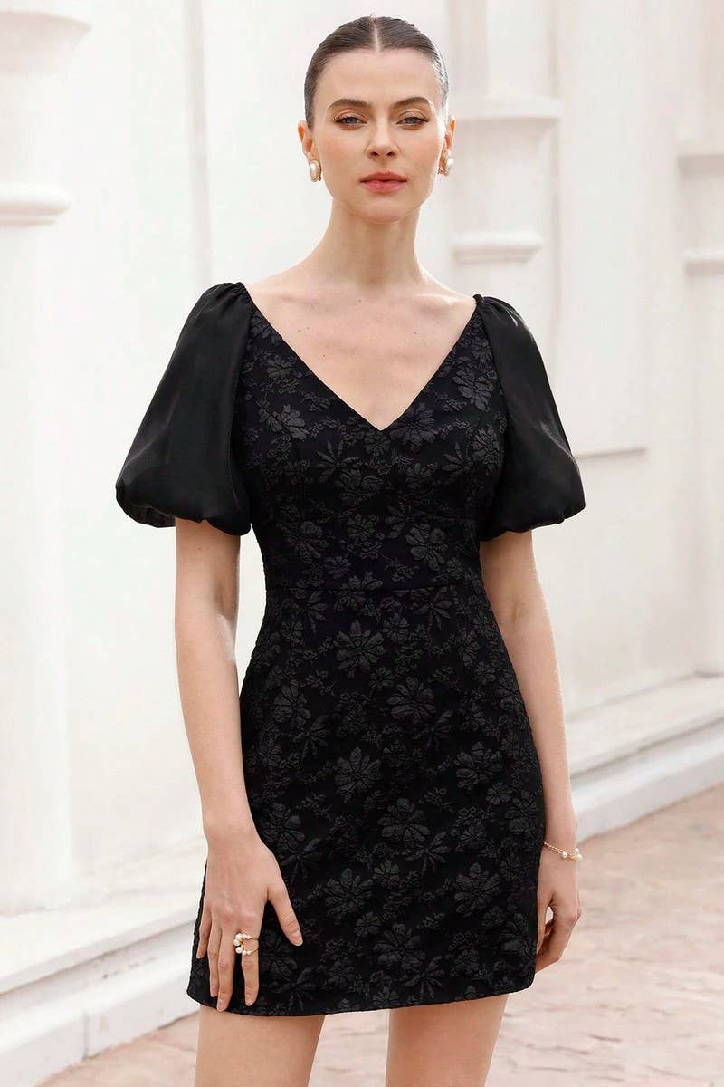 CWDSD8259_BLACK JACQUARD V-NECK PUFF SLEEVE DRESS