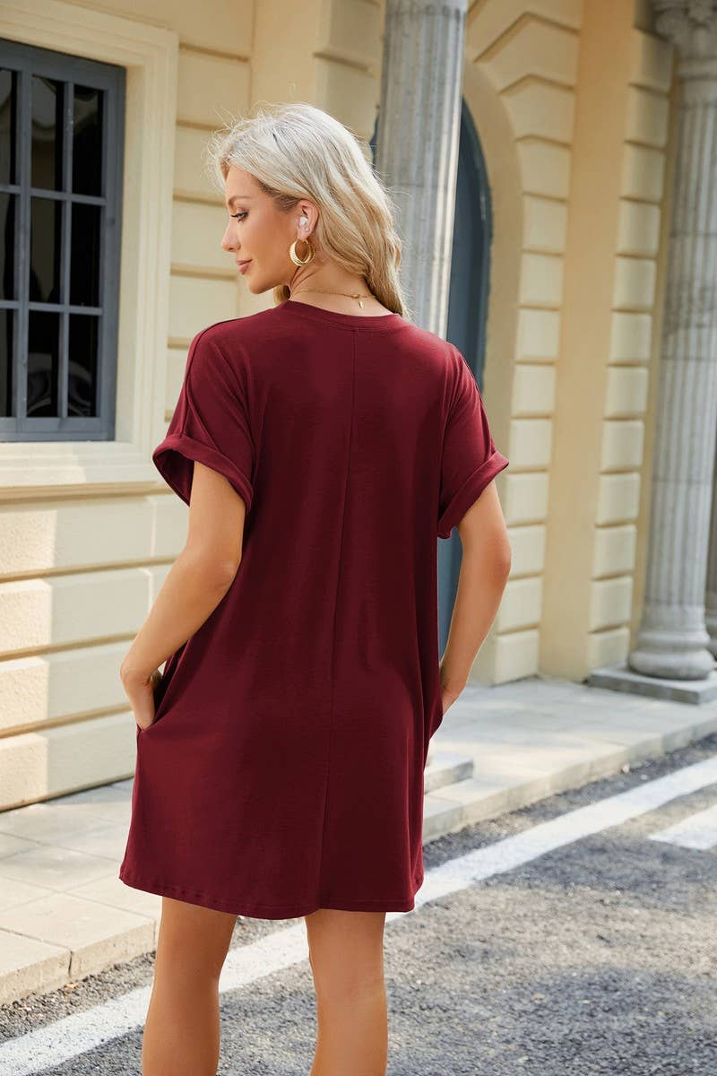 ROUND NECK POCKET SOLID SHORT SLEEVE DRESS_CWDSD2470