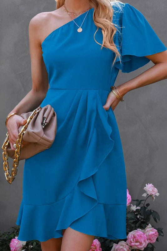 CWDSD7942_ASYMMETRICAL ONE SLEEVE RUFFLED HIGH WAIST DRESS