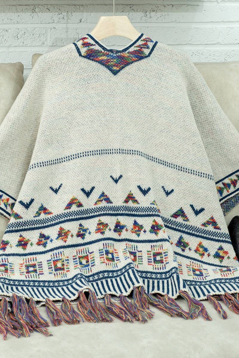 CWOSWS0090_LOOSE KNITTED TASSEL JACQUARD CAPE SHAWL