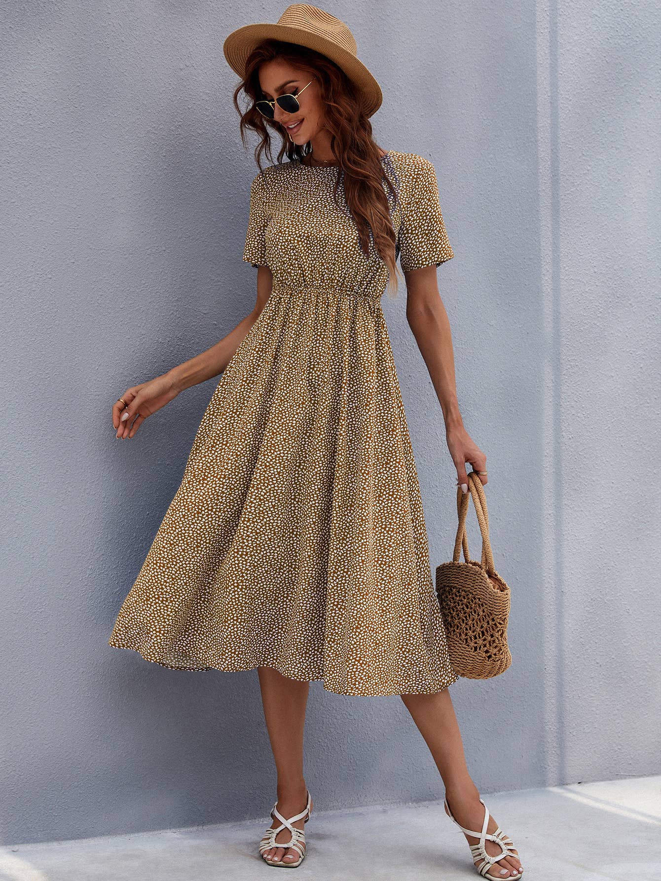 Round neck floral style waist long printed dress