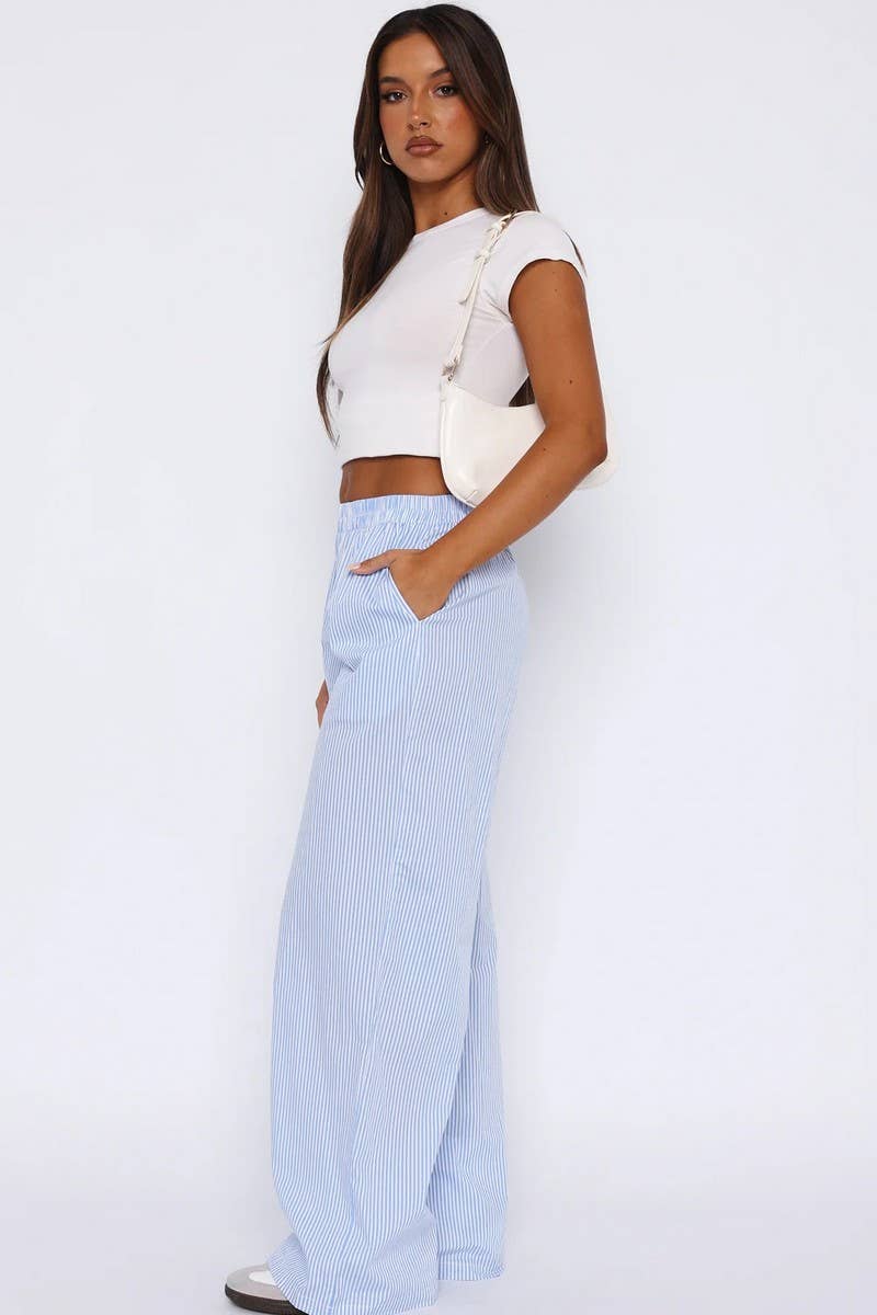 CWBLP1595_CASUAL STRIPED PRINT LOOSE WIDE-LEG TROUSERS