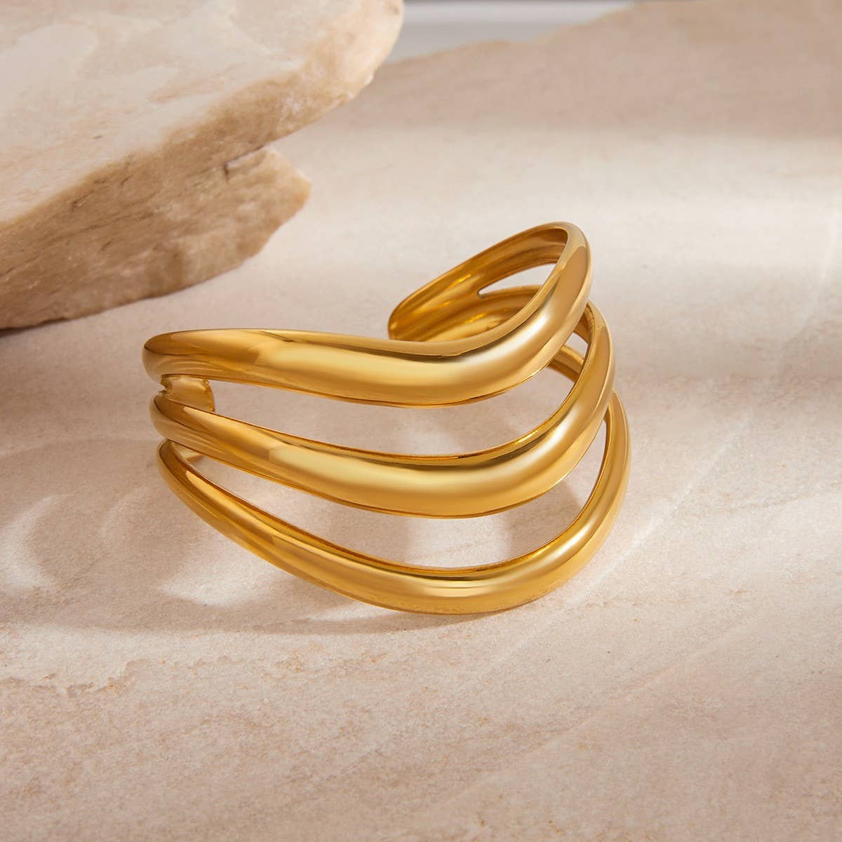 Minimalist 3-Layer Open Bangle, 18K Gold Steel