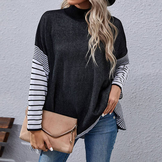 STRIPED PATCHWORK TURTLENECK STYLISH KNIT SWEATER