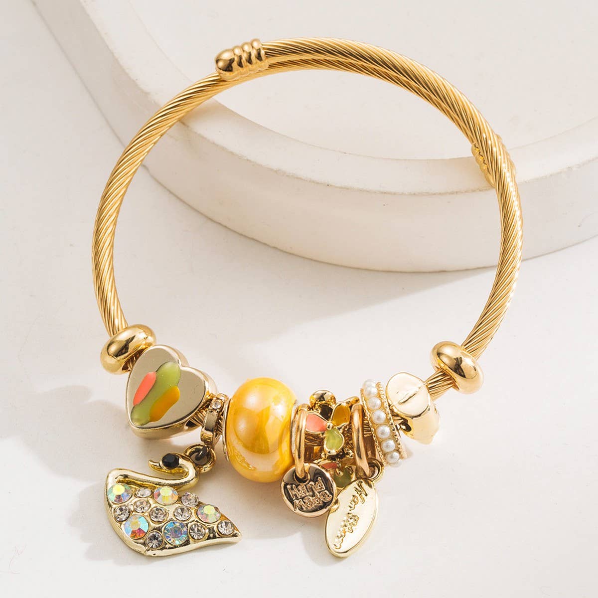 Gold Alloy Swan Charm Adjustable Bracelet