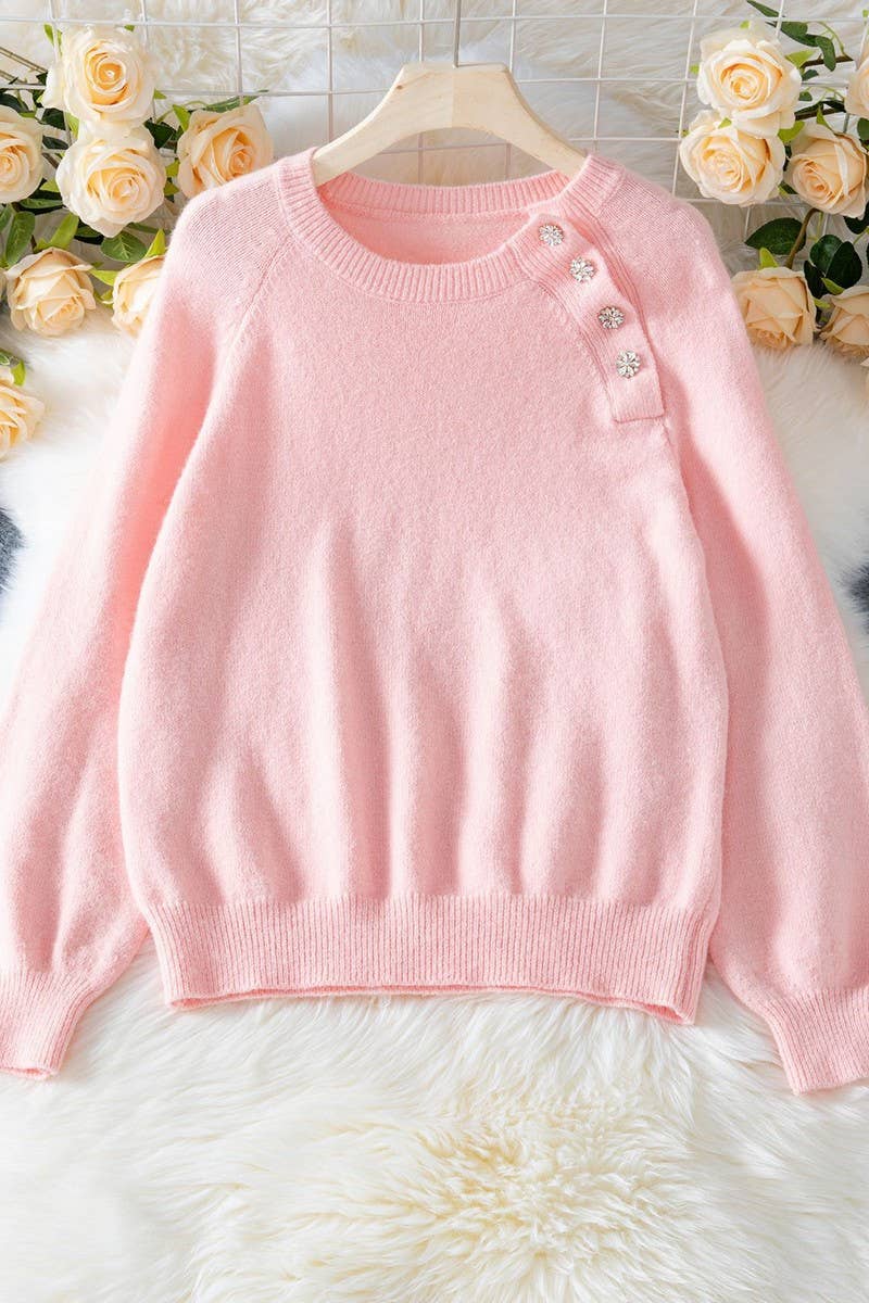 CWOSWL07425_SOLID RAGLAN SLEEVE BUTTONED KNIT SWEATER