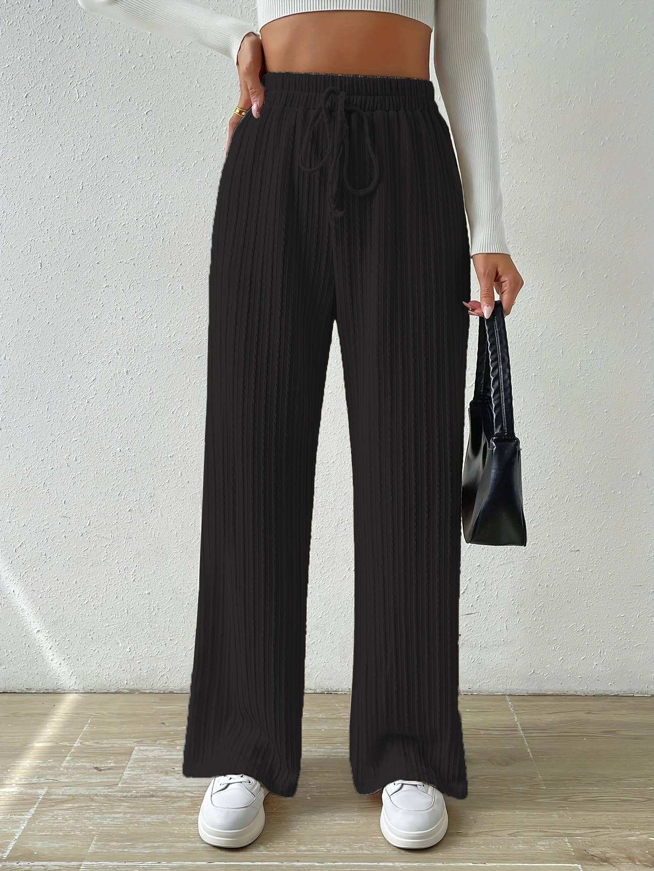 KNIT WIDE LEG STRAIGHT PANTS WITH WAIST TEXTURE