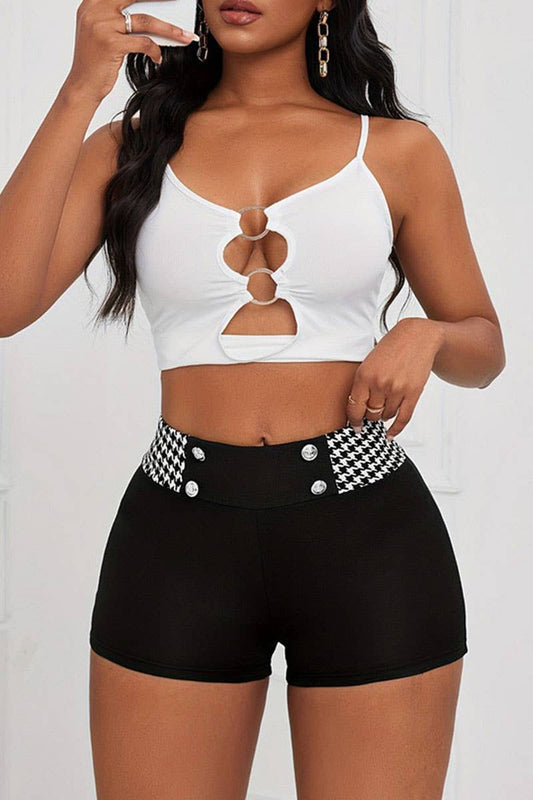 CWBSP0496_FASHION HOUNDSTOOTH SLIM HIGH WAIST STRETCH SHORTS