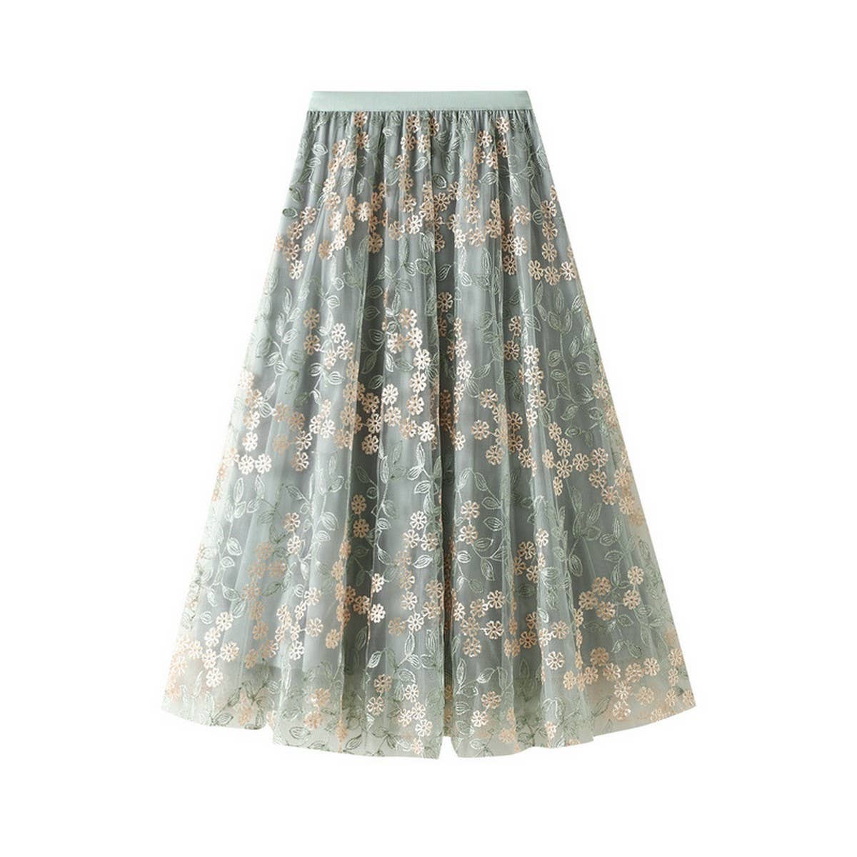 Embroidered Layered Tulle Skirt with Elastic Waist
