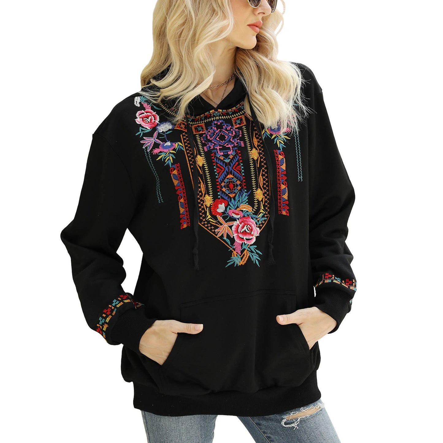 STYLISH EMBROIDERED HOODIE WITH LOOSE PULLOVER