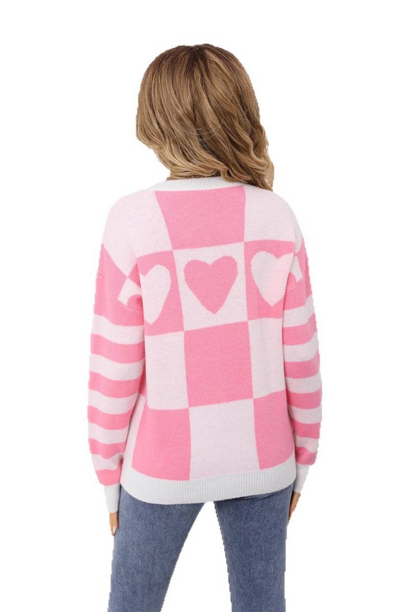 CWOSWL07596_COLORBLOCK PLAID HEART KNIT SWEATER