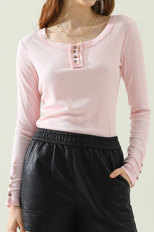 Cwttl1105_Long Sleeve Round Button Neck T Shirt Top