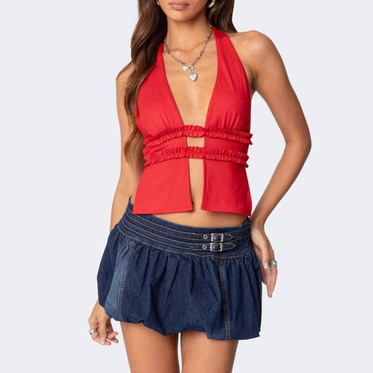 Unique denim low-waist flared skirt