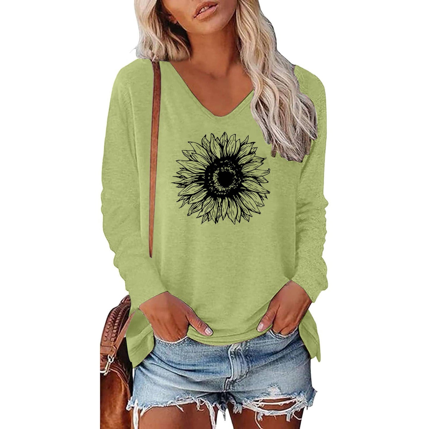 WOMEN'S PRINTED V-NECK LONG SLEEVE LOOSE T-SHIRT