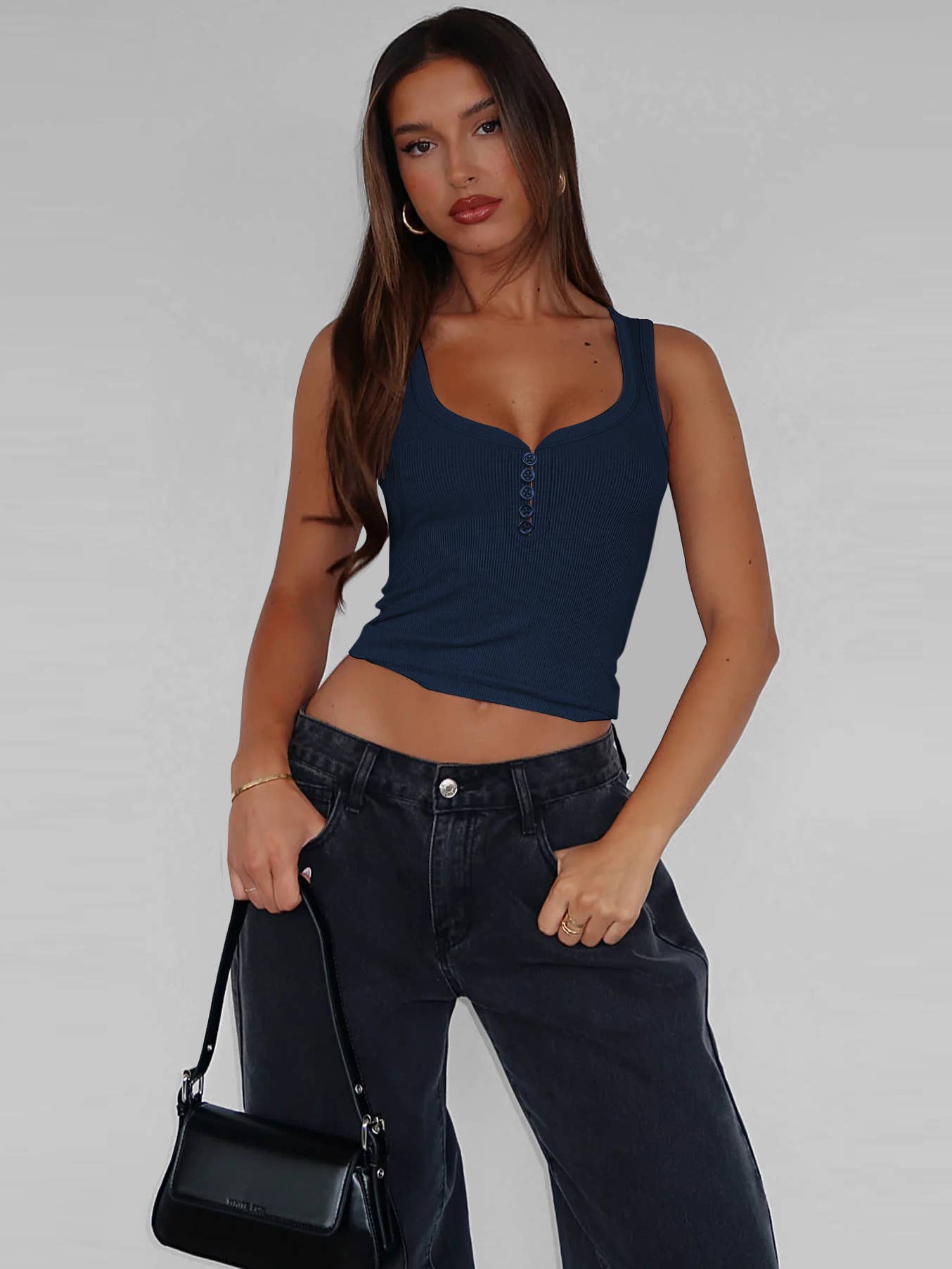 Solid color tank top with low-cut U-neck