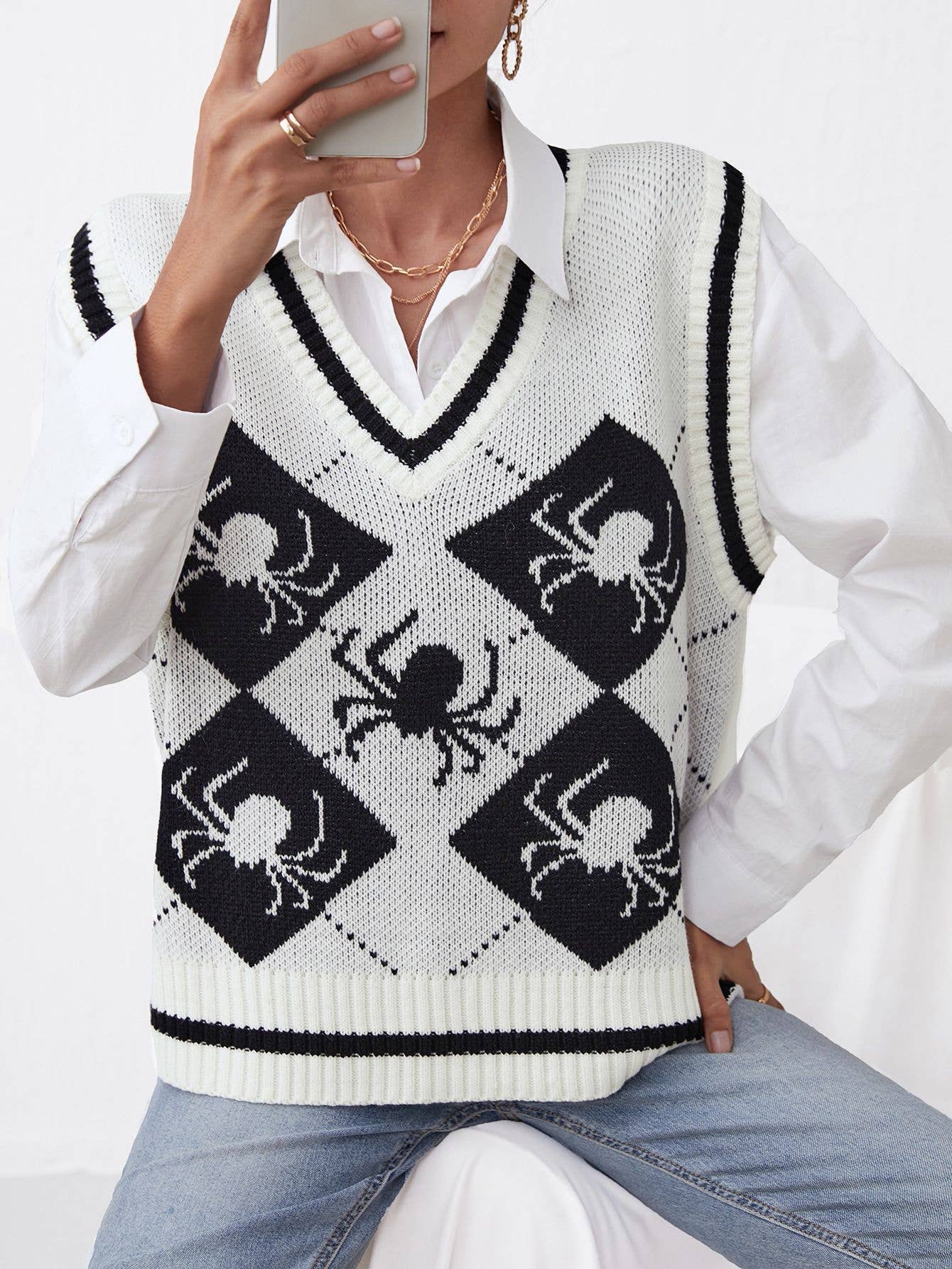 WORN WITH KNITTED HALLOWEEN V-NECK PULLOVER VEST