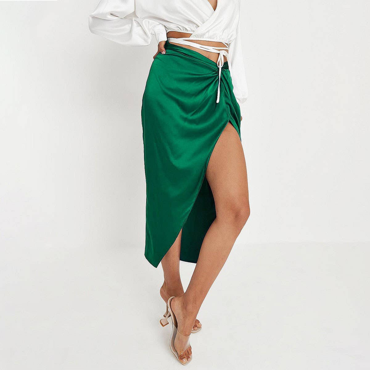 IRREGULAR SOLID COLOR SATIN HIP-LENGTH SKIRT