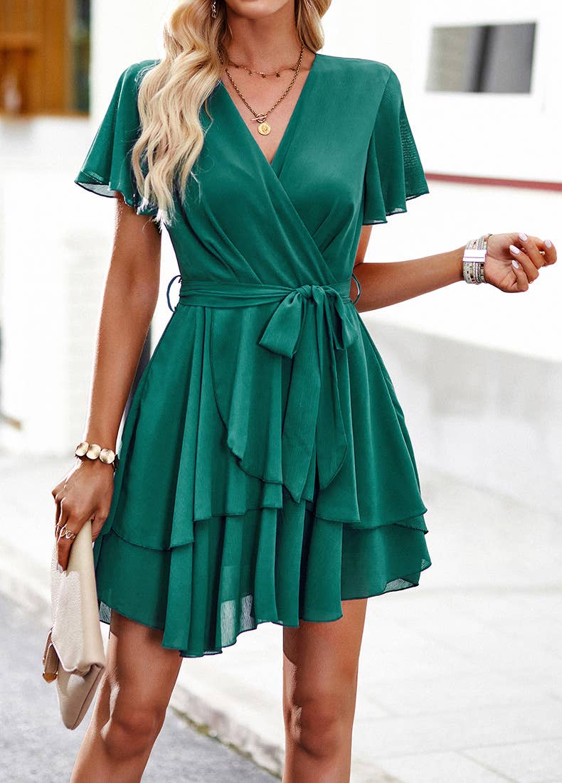 Lace-up solid color A-line skirt dress