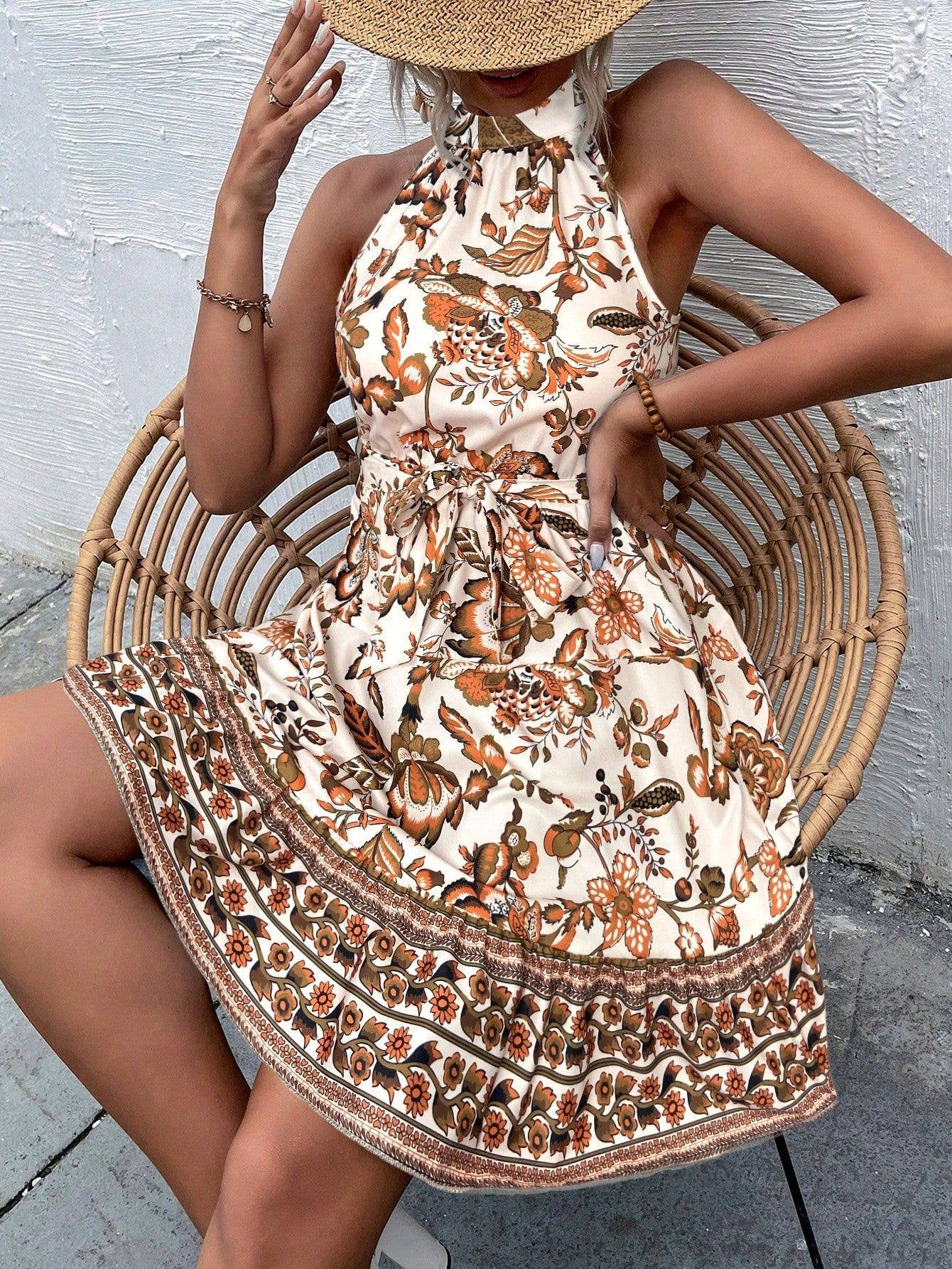 Off-the-neck, cinched-waist sleeveless dress