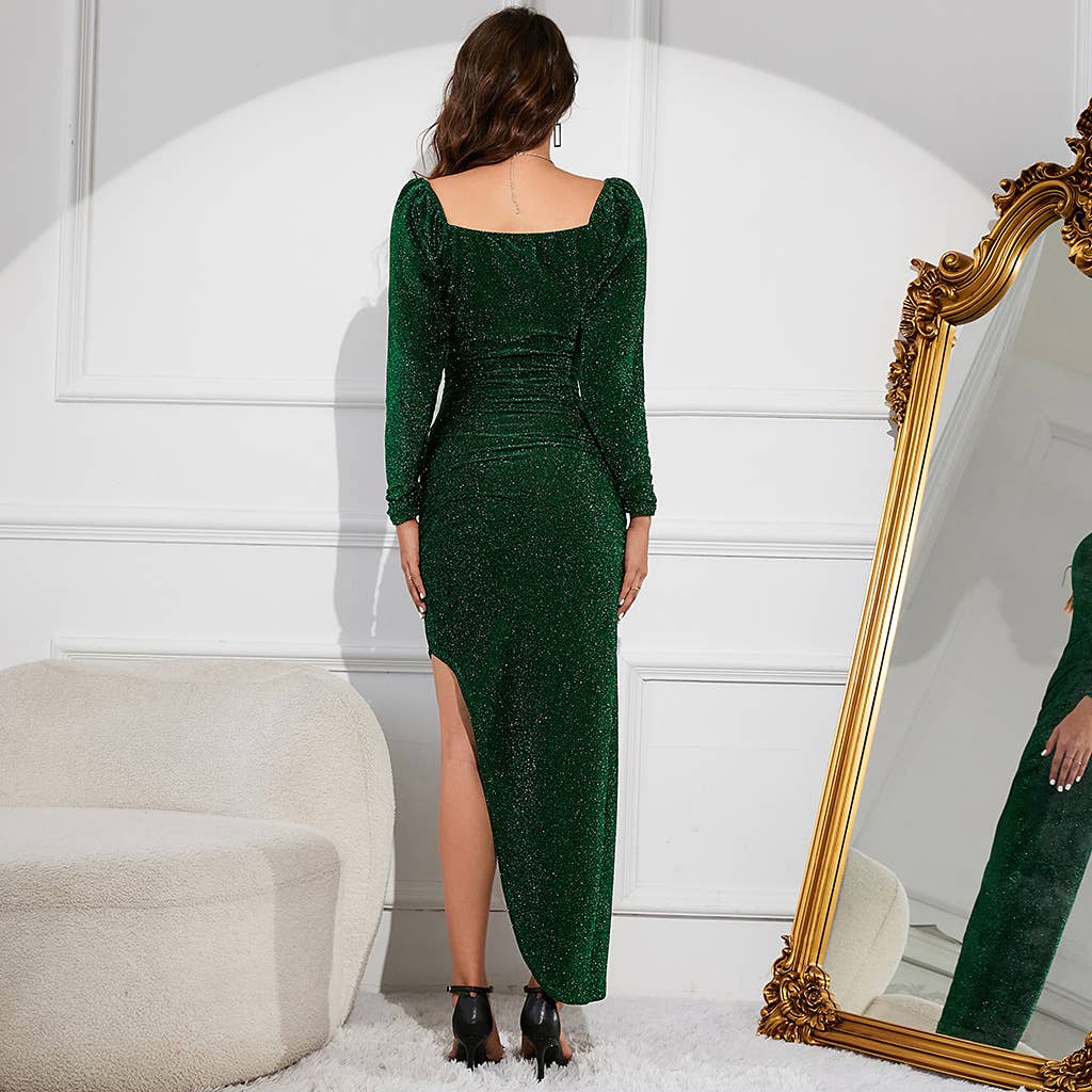 LONG SLEEVE BRIGHT SILK SEXY DEEP V-NECK DRESS