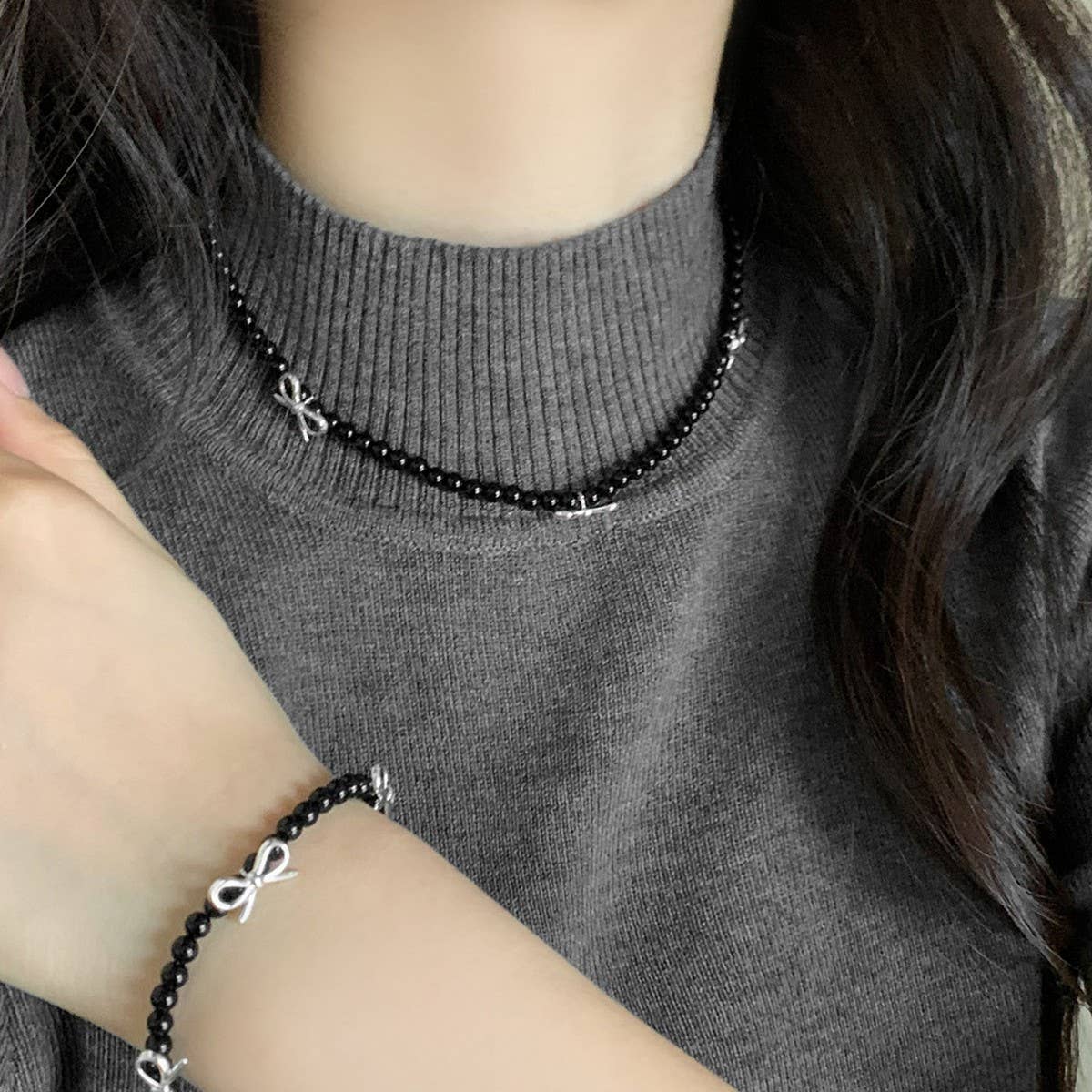 HIGH-END RETRO PEARL BOW NECKLACE BRACELET SET