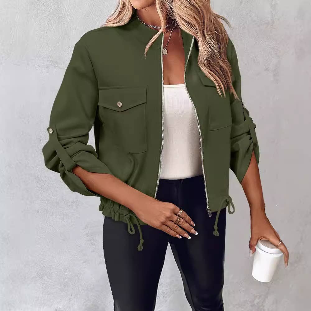 STAND-UP COLLAR DRAWSTRING ZIPPER SLIM-FIT JACKET