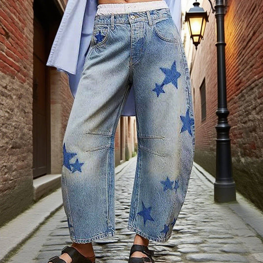 Low-waisted non-elastic washed embroidered jeans