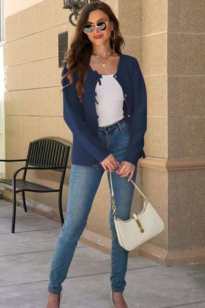 STYLISH AND COMFORTABLE BOW WOOL CARDIGAN
