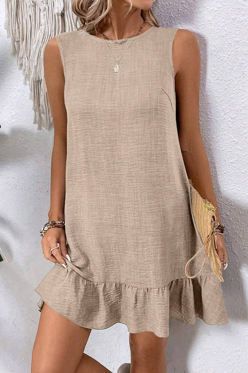 CWDSD7395_SOLID COLOR RUFFLE SLEEVELESS CASUAL TANK DRESS