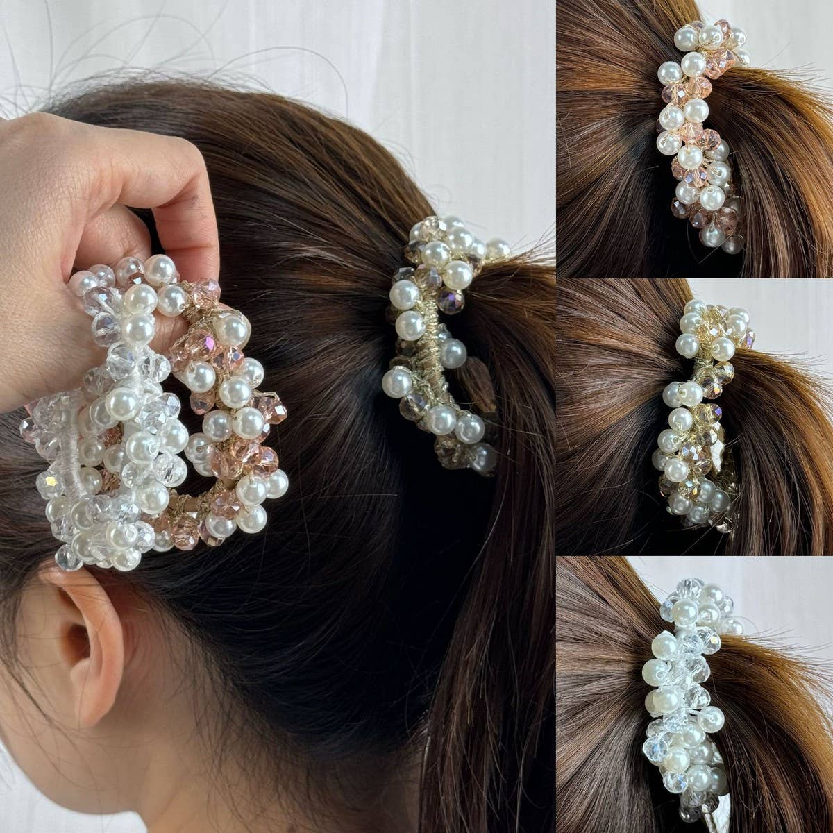Fashion Pearl Crystal Hair Band Bun Ponytail Tie_CWAHA6768