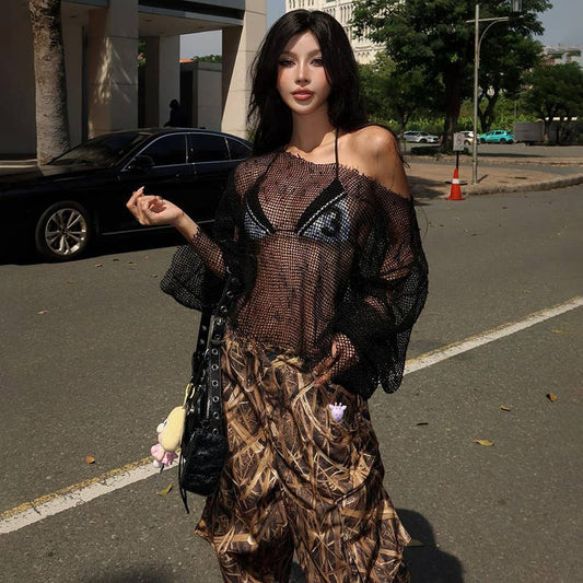 Sheer One Shoulder Mesh Long Sleeve Top