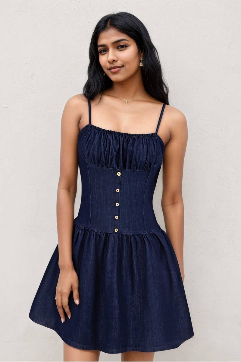 CWDSD8840_DENIM LOOK STRAPLESS SLEEVELESS MINI DRESS