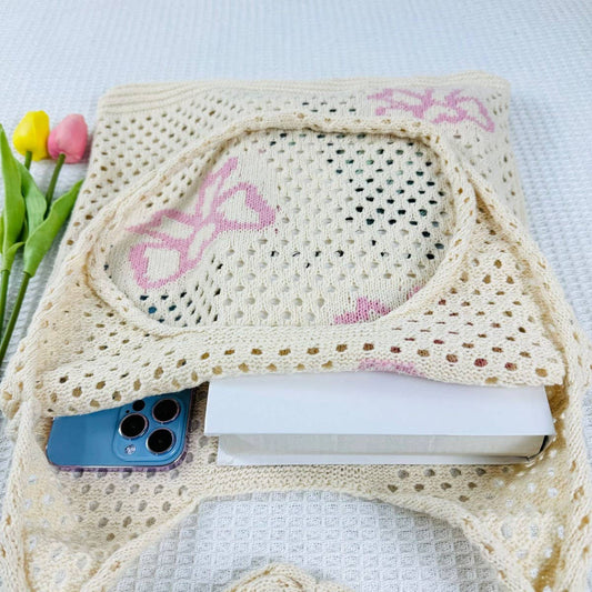 CWAB4580_BOW KNITTED WOVEN BEACH SHOULDER BAG