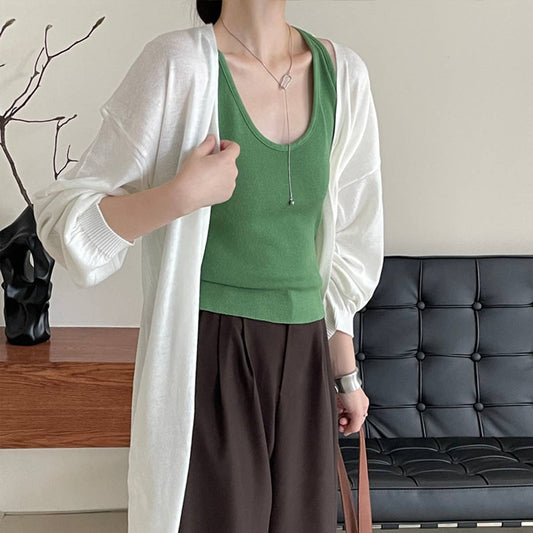 Long sleeve long wool knit cardigan without button