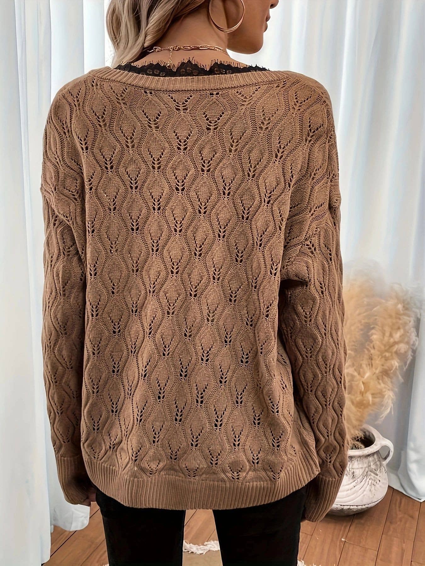 Lace edge patchwork V-neck long-sleeved sweater