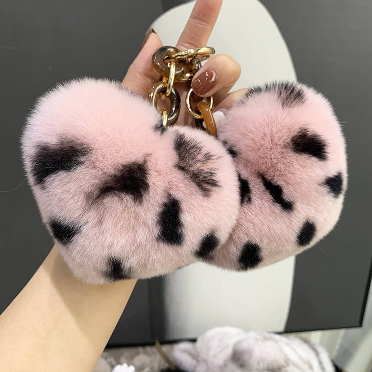 LEOPARD PRINT FUR BALL HEART SHAPE BAG KEYCHAIN