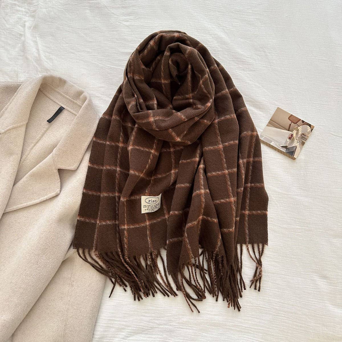 CWASC03132_PLAID CASHMERE FEEL SCARF WINTER WARM TASSEL SHAW